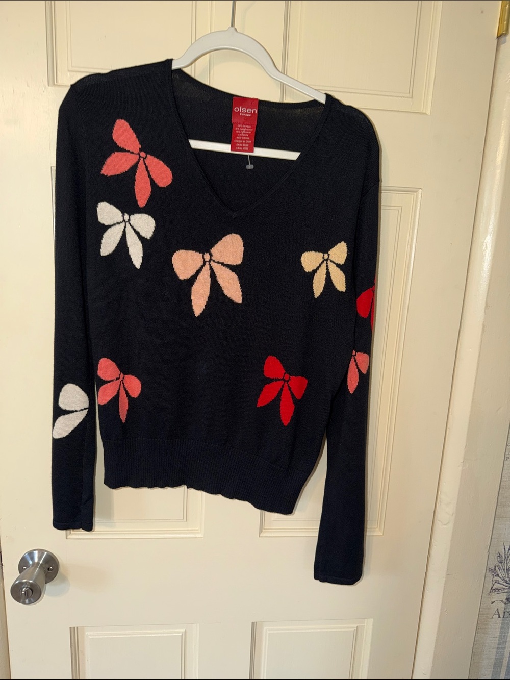 Olsen Black V-Neck Sweater with Multicolor Bow Motifs